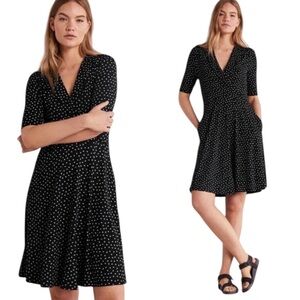 NEW Boden Black Blue Polka Dot Print Fixed Wrap Collar Jersey Knit Mini Dress 10